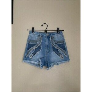 Forever 21 High Rise Patchwork Overlay Fringe Frayed Denim Shorts Size 24